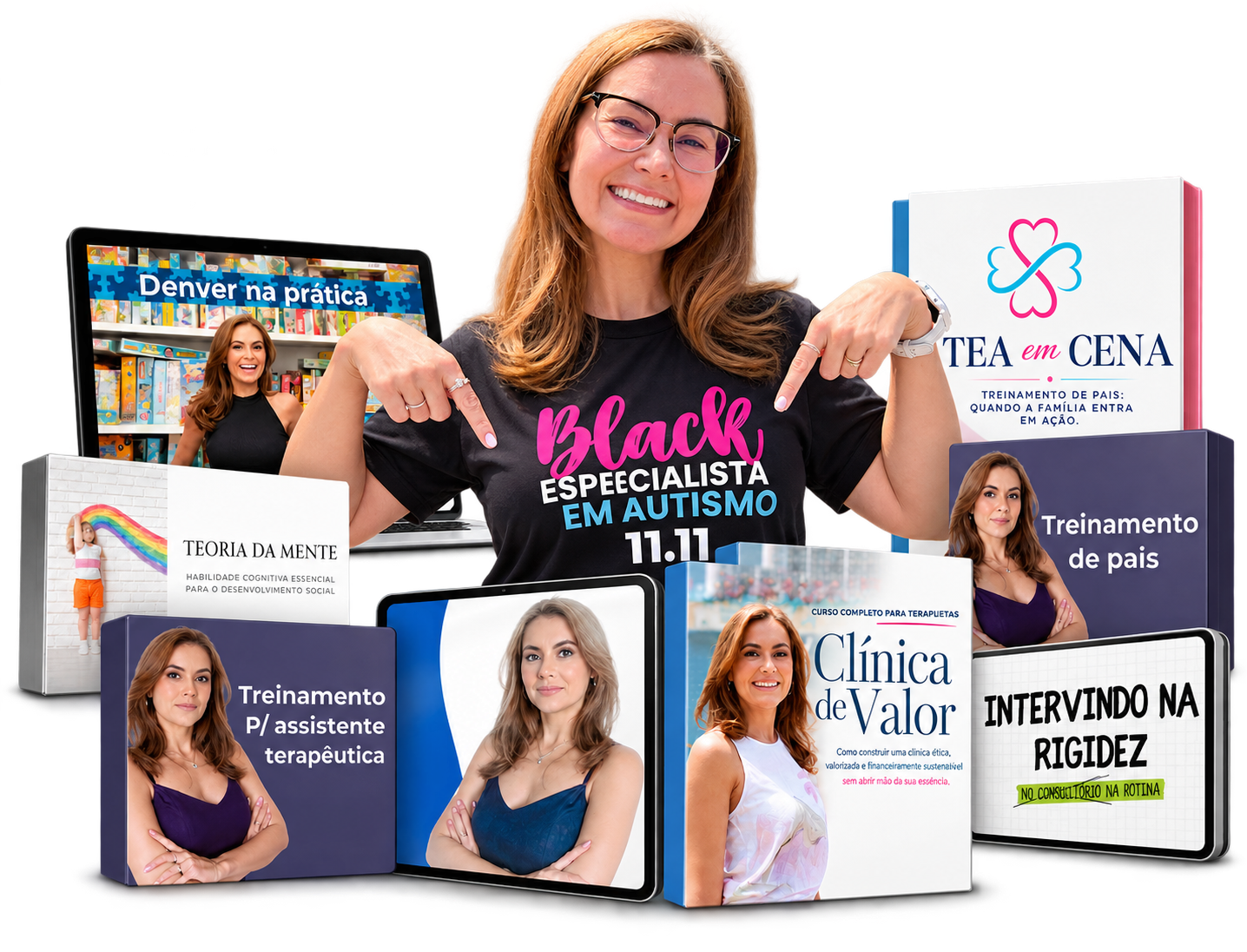 Dra. Aline Abreu com a camiseta Black, notebook, tablet e os produtos do combo